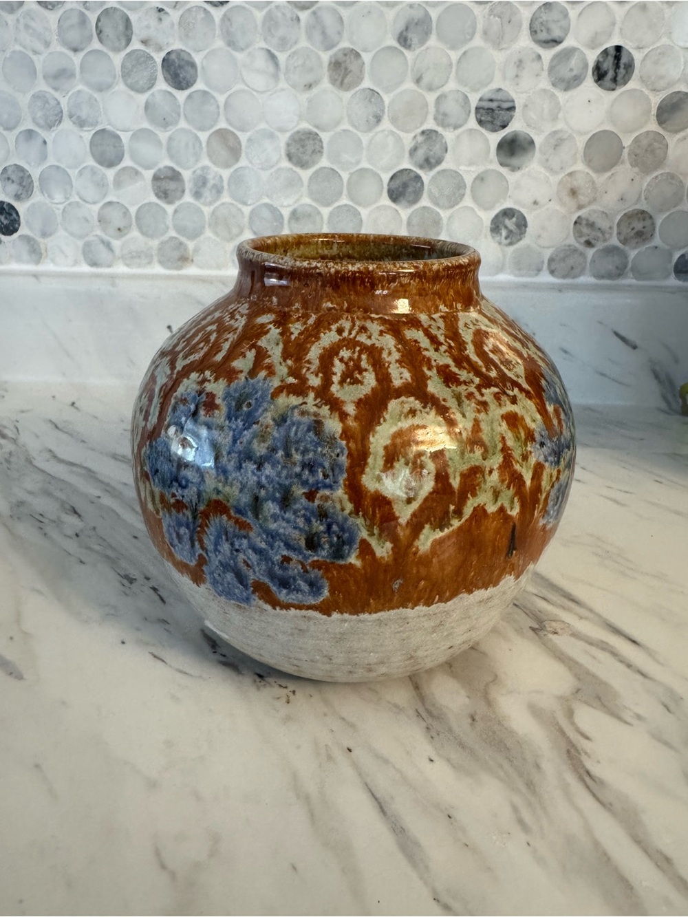Art Pottery Vase Blue Brown Green 5.5 Tall - Signed By  Mikael Carstanjen / 1990